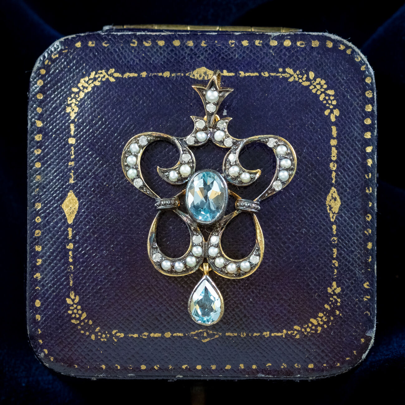 Victorian Style Blue Topaz Pearl Diamond Pendant Silver Gold Gilt