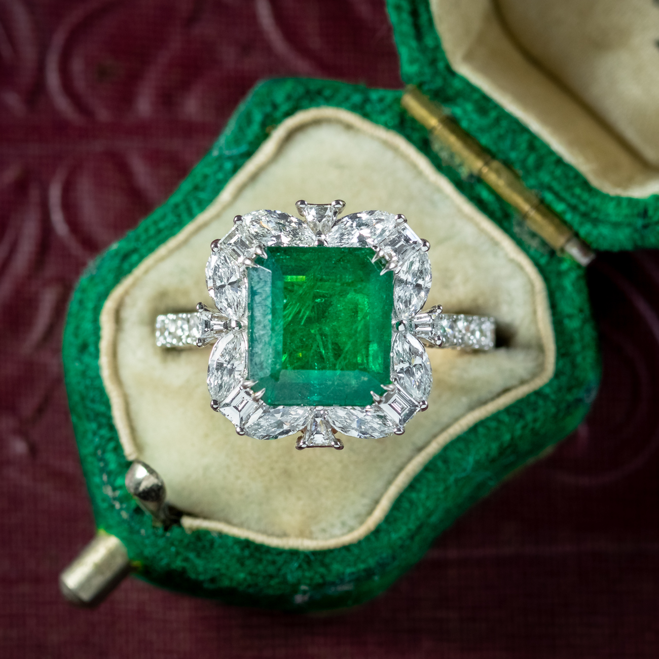 Vintage Emerald Diamond Cluster Ring 3.11ct Natural Brazilian Emerald With Cert