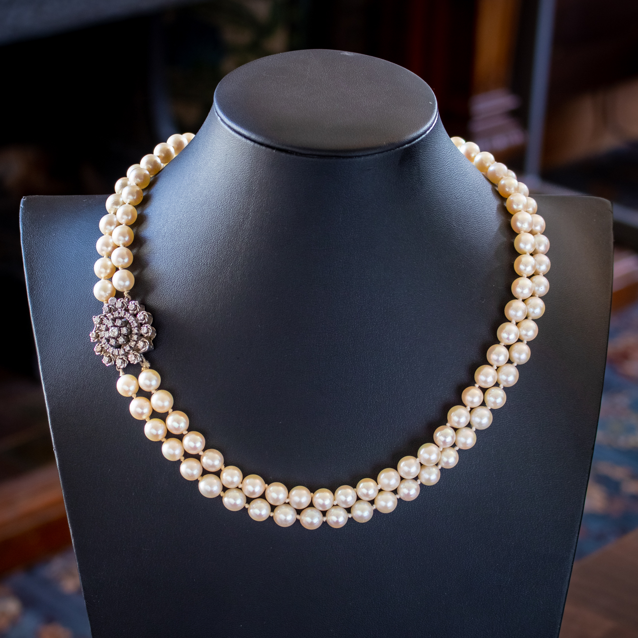 Vintage French Double Pearl Necklace 2ct Diamond Clasp