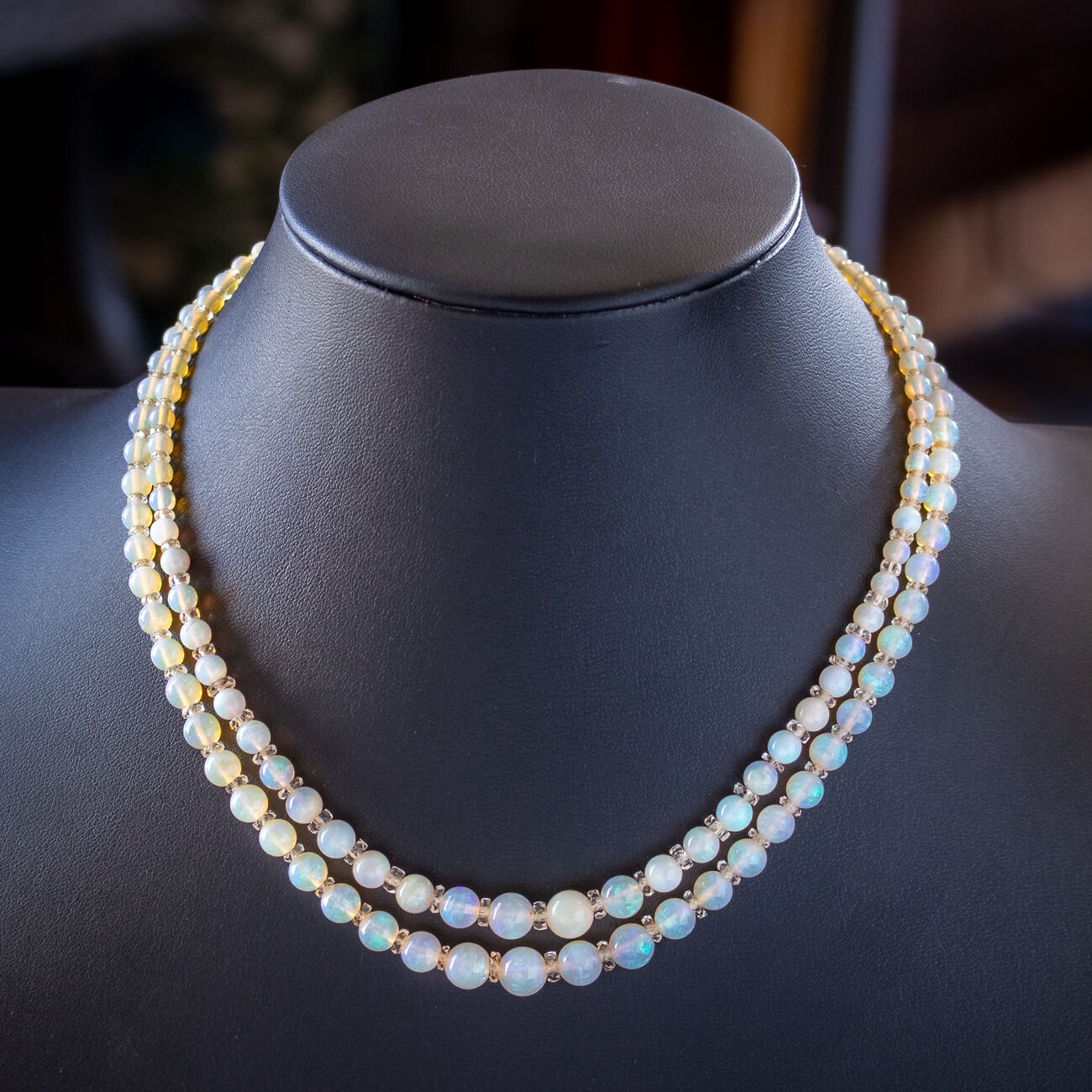 Art Deco Opal Double Bead Necklace With Diamond Clasp