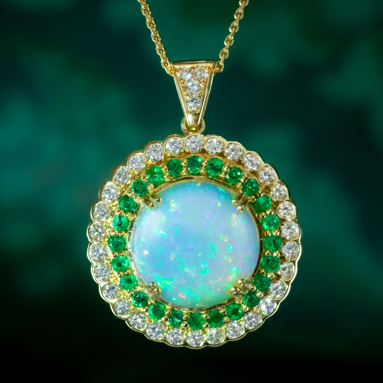 Art Deco Style Opal Emerald Diamond Pendant Necklace 18ct Gold 20ct Opal