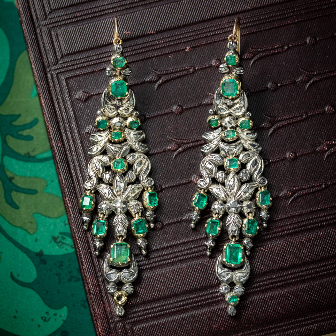 Antique Georgian Emerald Diamond Chandelier Earrings 5ct Of Emerald