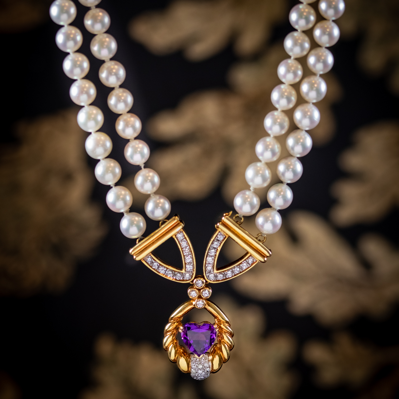 Vintage Pearl Diamond Lavaliere Necklace Amethyst Heart Circa 1960