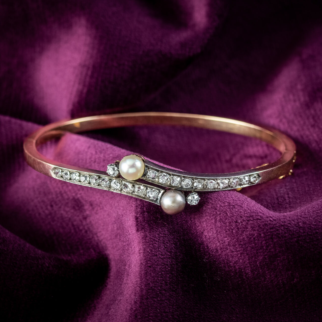 Antique Victorian French Diamond Pearl Toi Et Moi Twist Bangle 18ct Gold