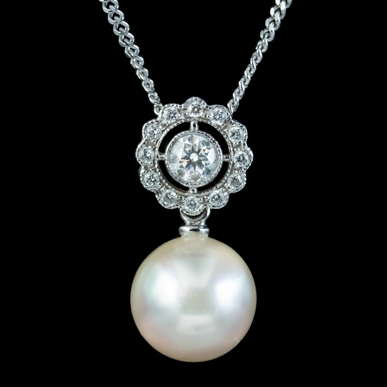 Edwardian Style Pearl Diamond Pendant Necklace 18ct Gold