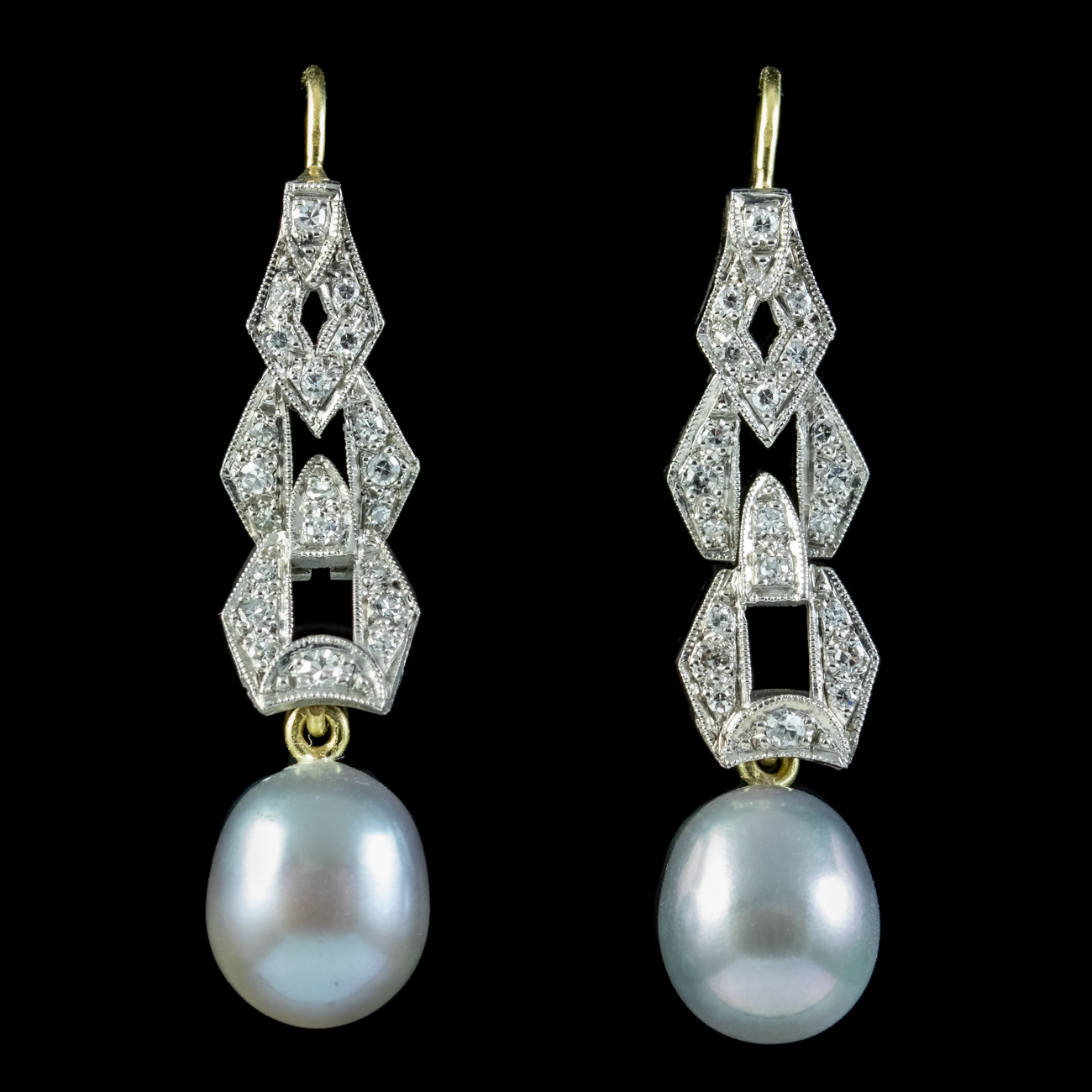 Art Deco Style Pearl Diamond Drop Earrings Platinum Gold Wires