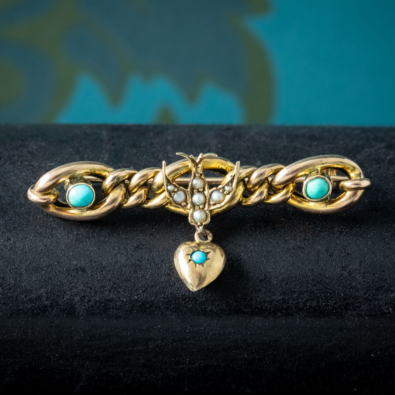 Antique Victorian Turquoise Pearl Swallow Heart Brooch 9ct Gold