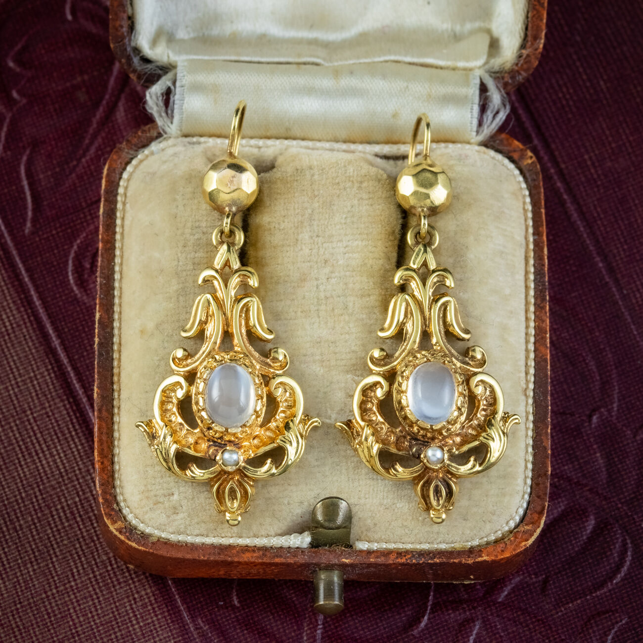 Antique Victorian Moonstone Pearl Drop Earrings 18ct Gold