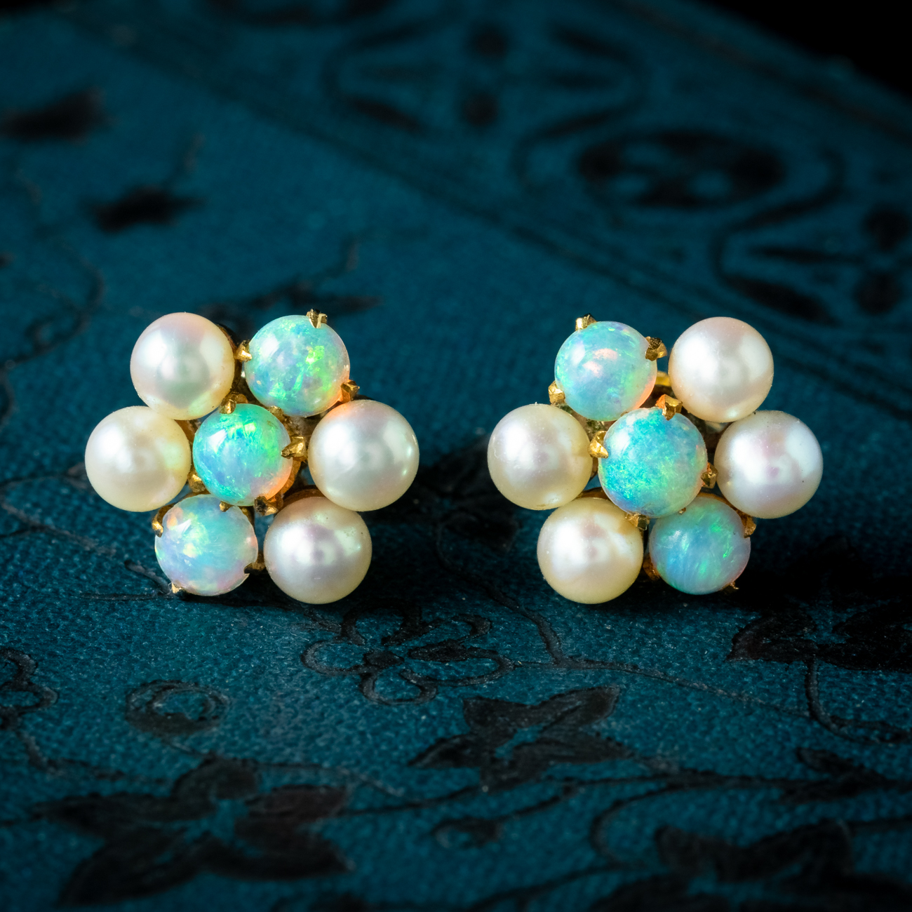 Antique Edwardian Opal Pearl Cluster Stud Earrings 9ct Gold