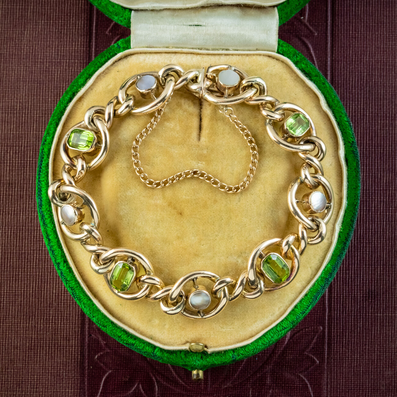 Antique Edwardian Peridot Pearl Curb Bracelet 9ct Gold