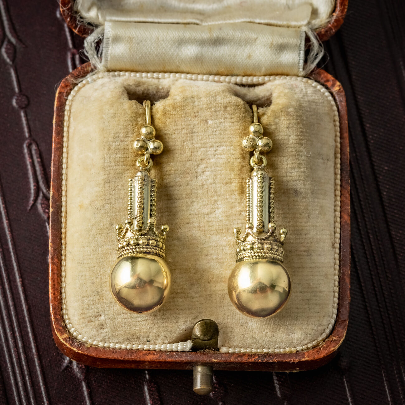 Antique Victorian Ball And Crown Drop Earrings 15ct Gold