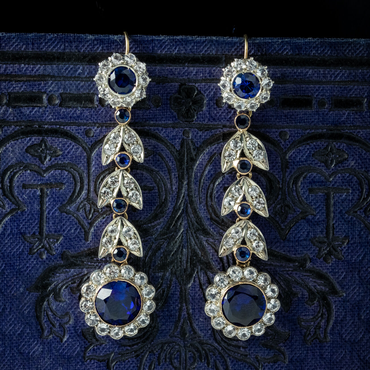 Antique Edwardian Blue Paste Flower Drop Earrings 15ct Gold With Box