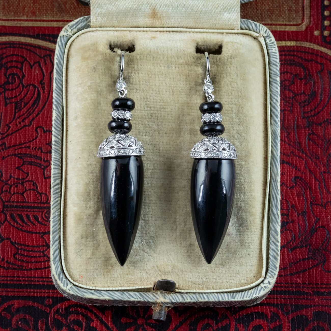 Vintage Onyx Diamond Drop Earrings Platinum