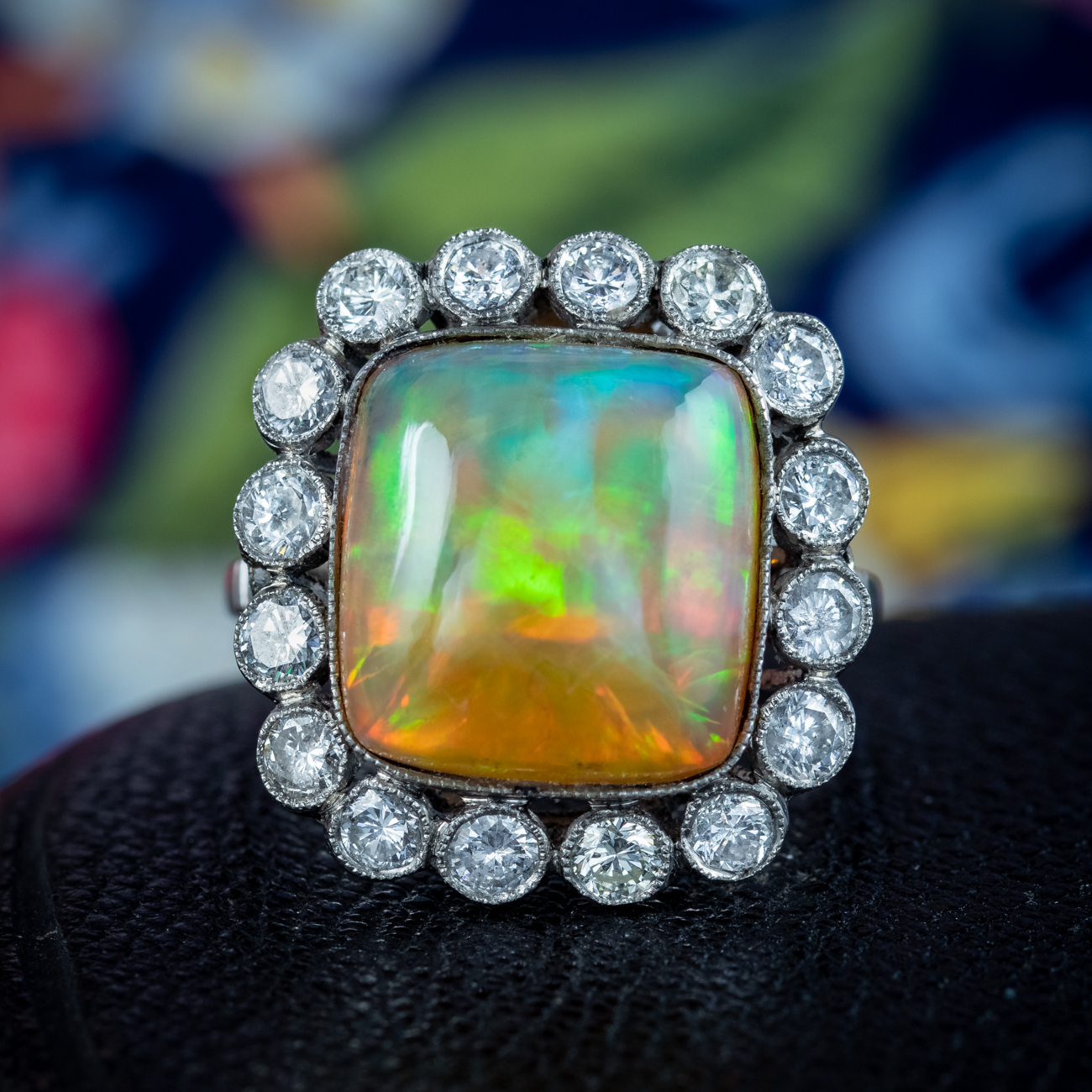 Antique Edwardian Opal Diamond Cluster Ring 8ct Opal