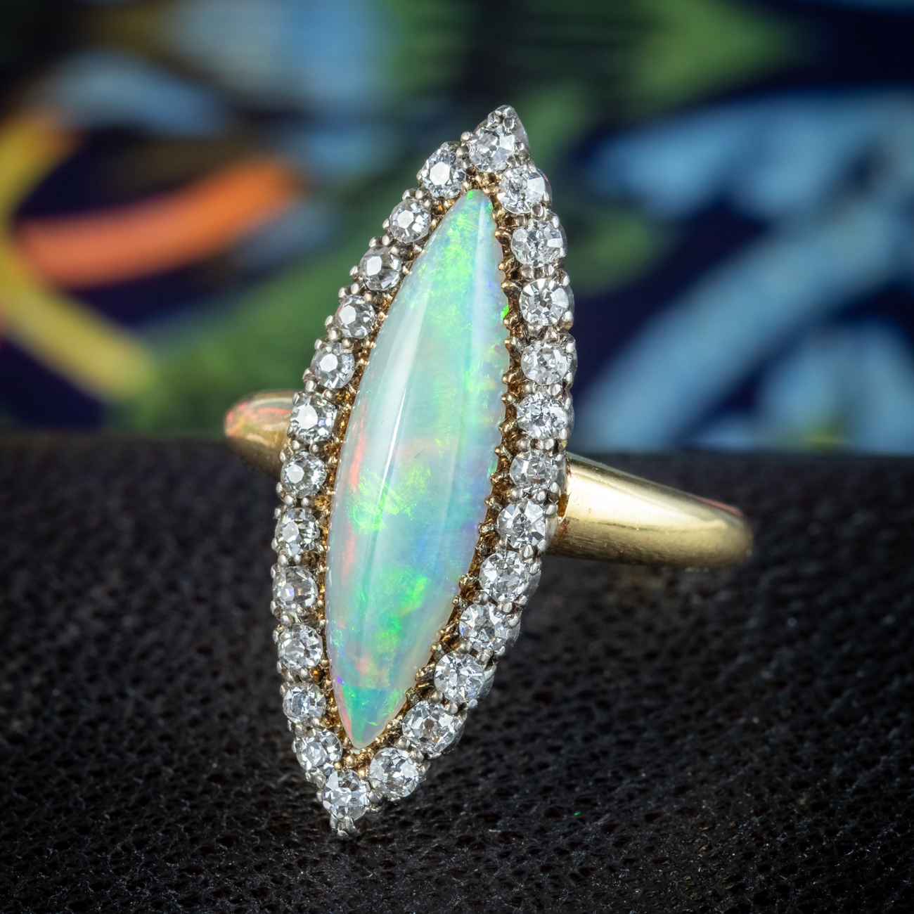 Antique Victorian Opal Diamond Navette Cluster Ring 2.3ct Opal