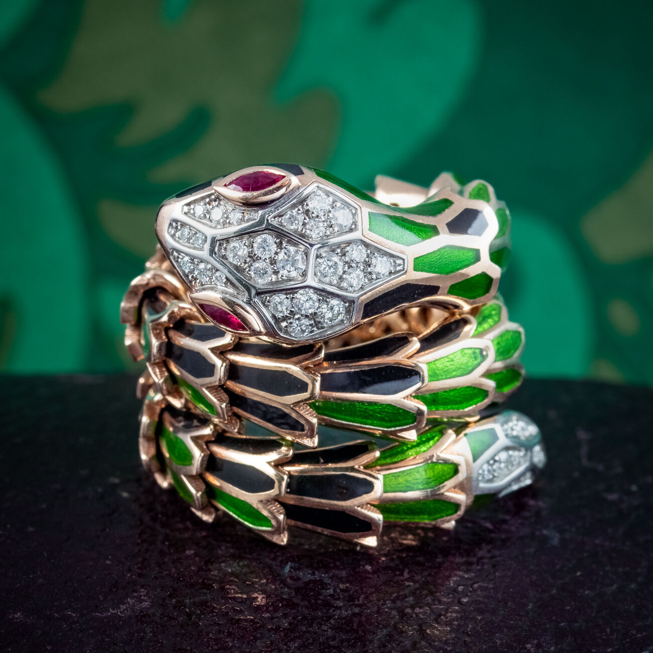 Vintage Style Expandable Snake Ring Diamond Ruby Guilloche Enamel