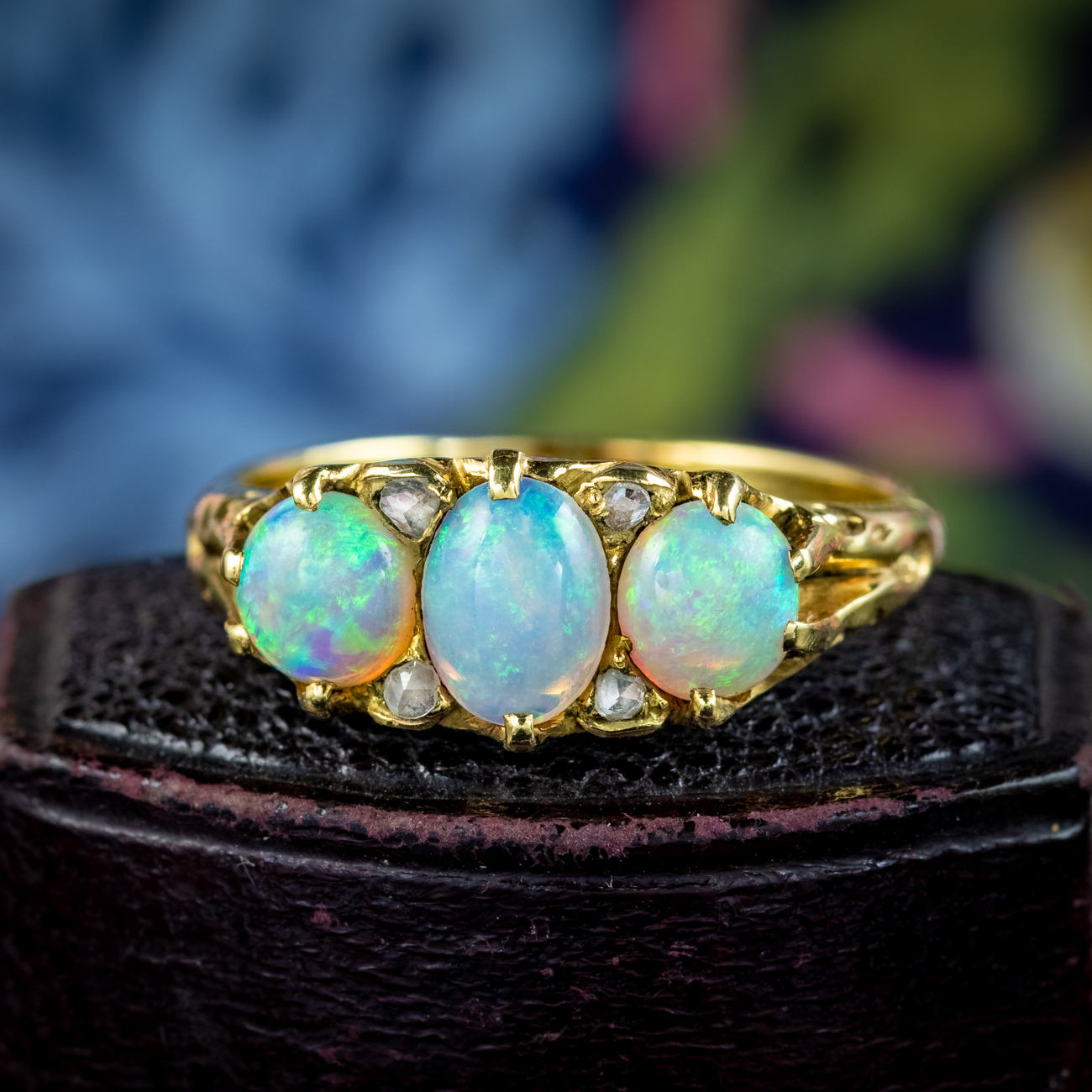 Antique Victorian Opal Diamond Trilogy Ring 0.90ct Total