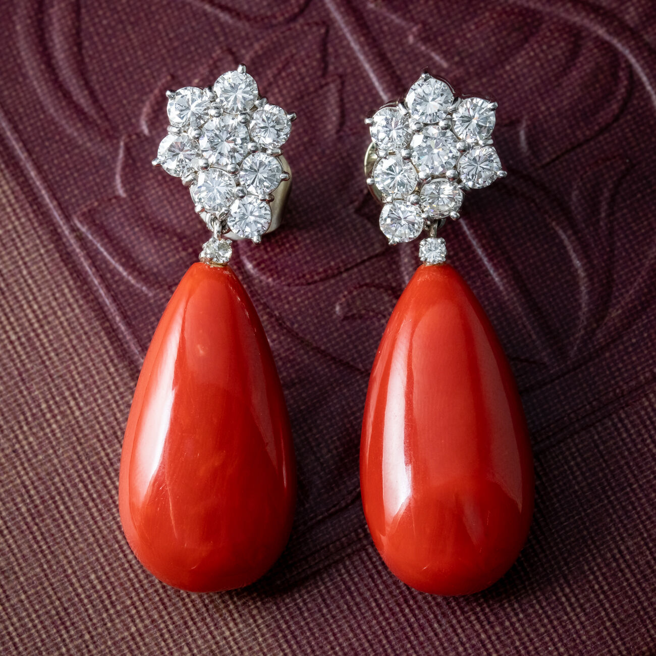 Vintage Coral Diamond Drop Earrings 14ct Gold 3ct Diamond