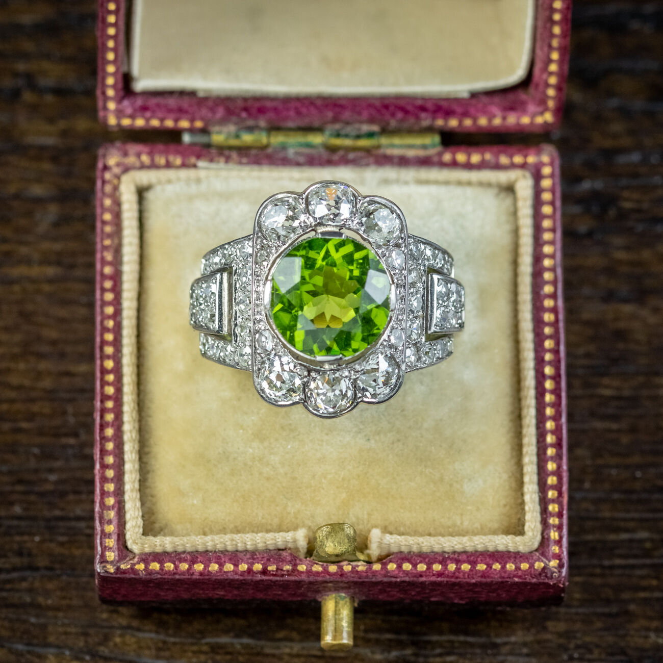 Antique Art Deco French Peridot Diamond Ring 4ct Peridot With Cert
