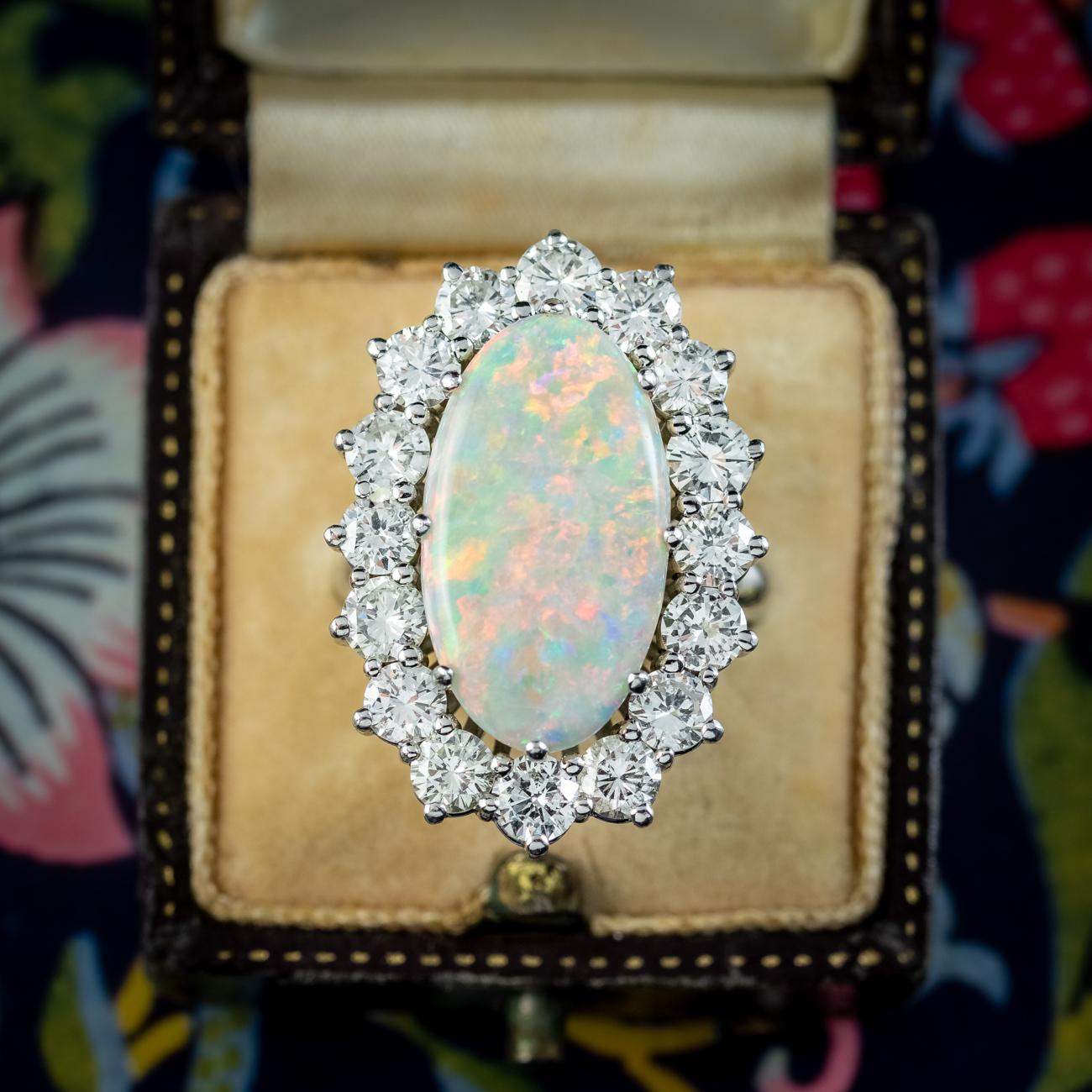 Vintage Opal Diamond Cocktail Ring 12ct Opal 4ct Diamond