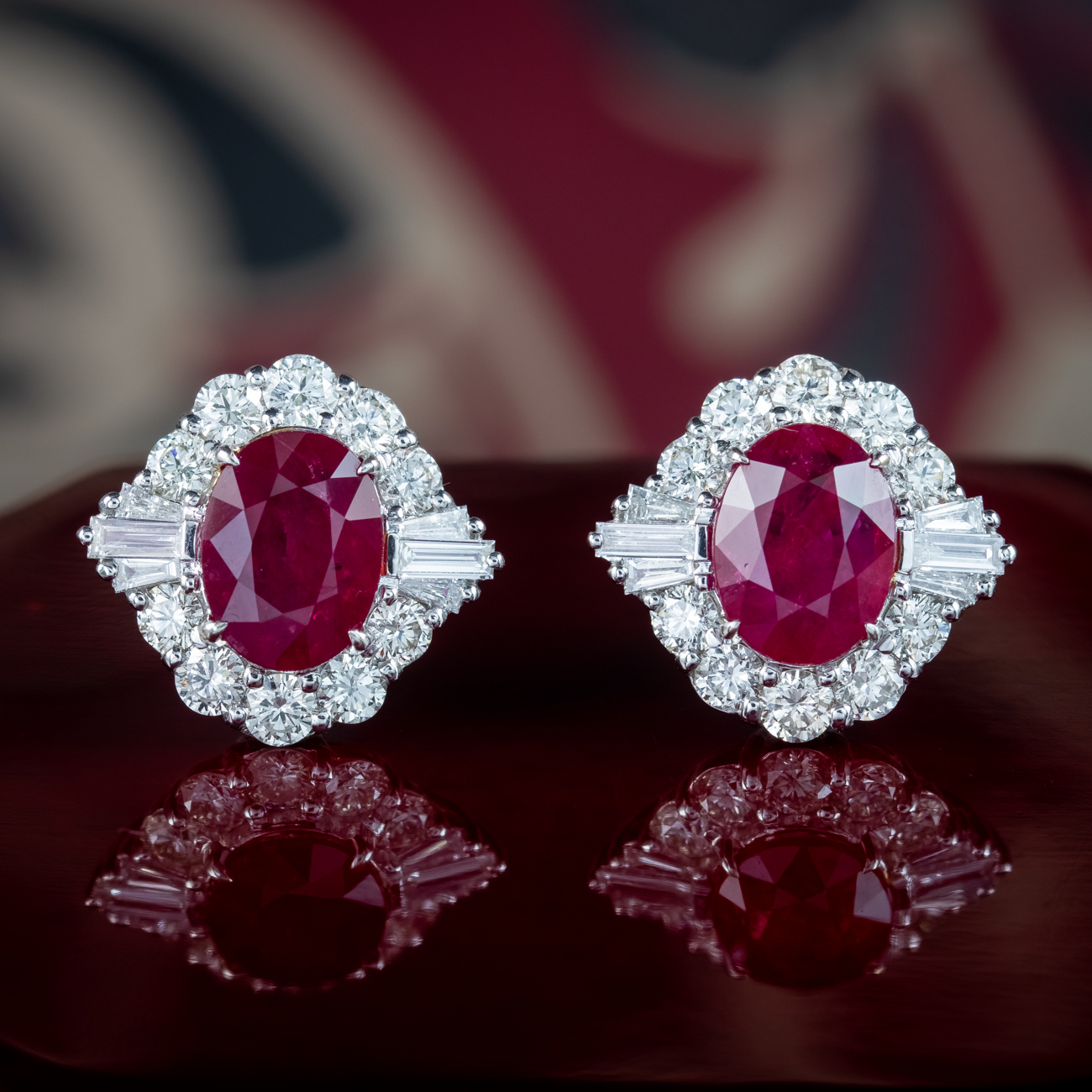 Art Deco Style Ruby Diamond Stud Earrings 18ct Gold 0.85ct Rubies