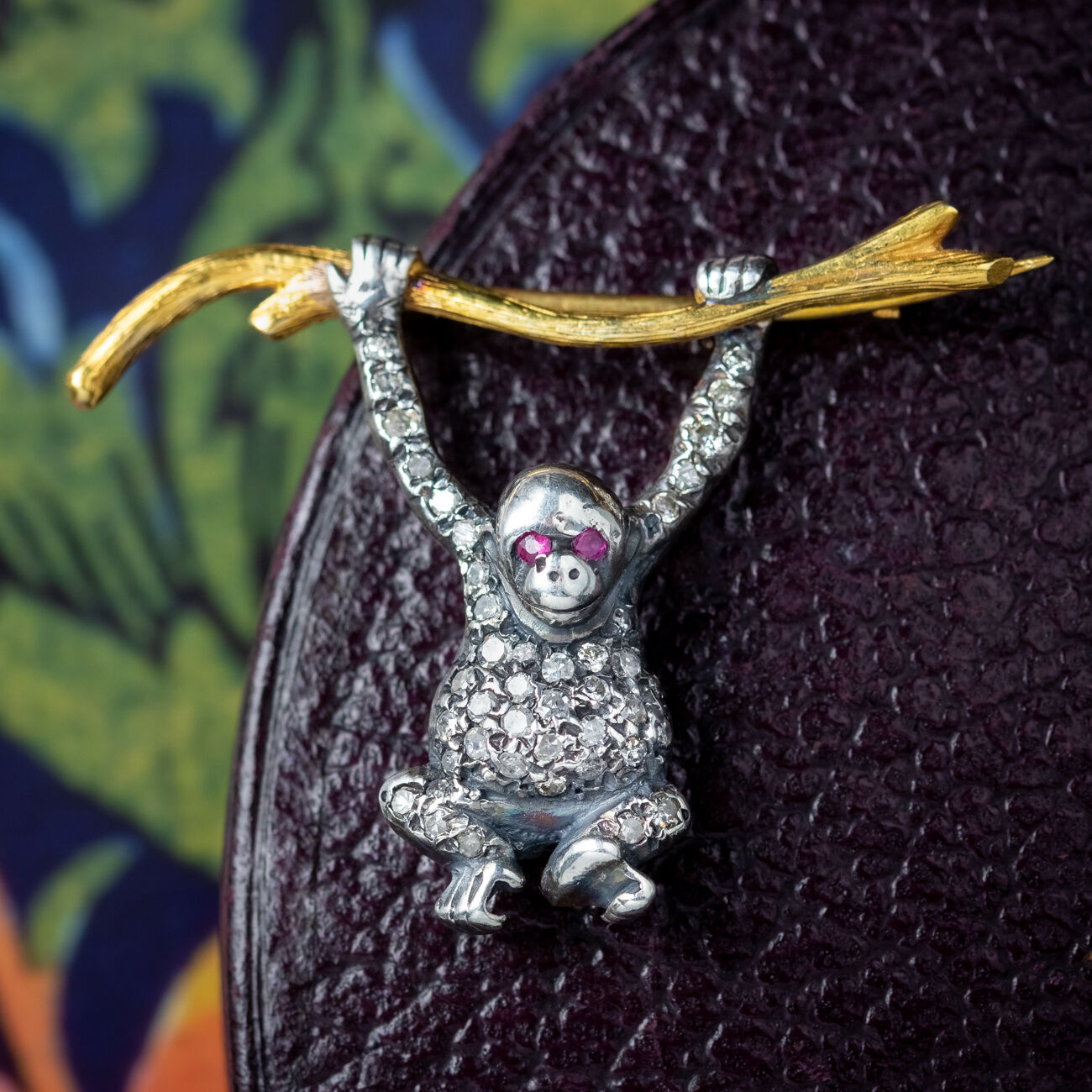 Victorian Style Diamond Orangutan Bar Brooch Silver 18ct Gold Ruby Eyes