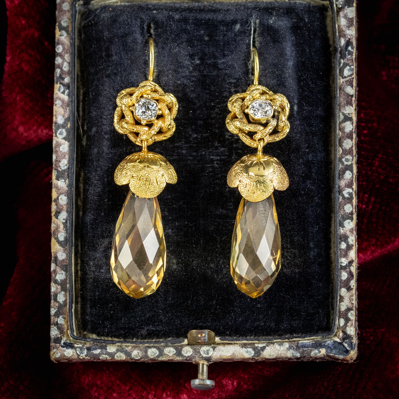 Antique Victorian Citrine Diamond Drop Earrings 18ct Gold