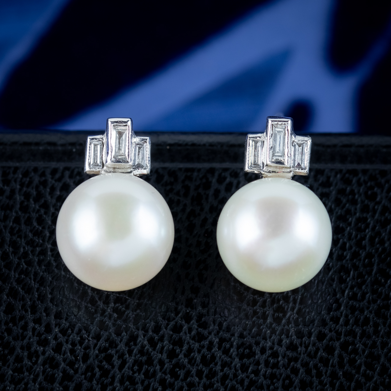 Art Deco Style Pearl Diamond Stud Earrings 18ct Gold