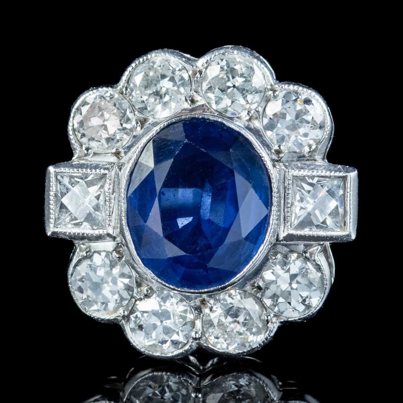 Art Deco Style Sapphire Diamond Ring 18ct White Gold 2.80ct Sapphire