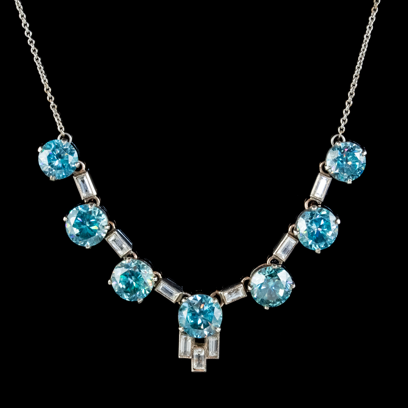 Art Deco Blue Zircon Lavaliere Necklace Silver