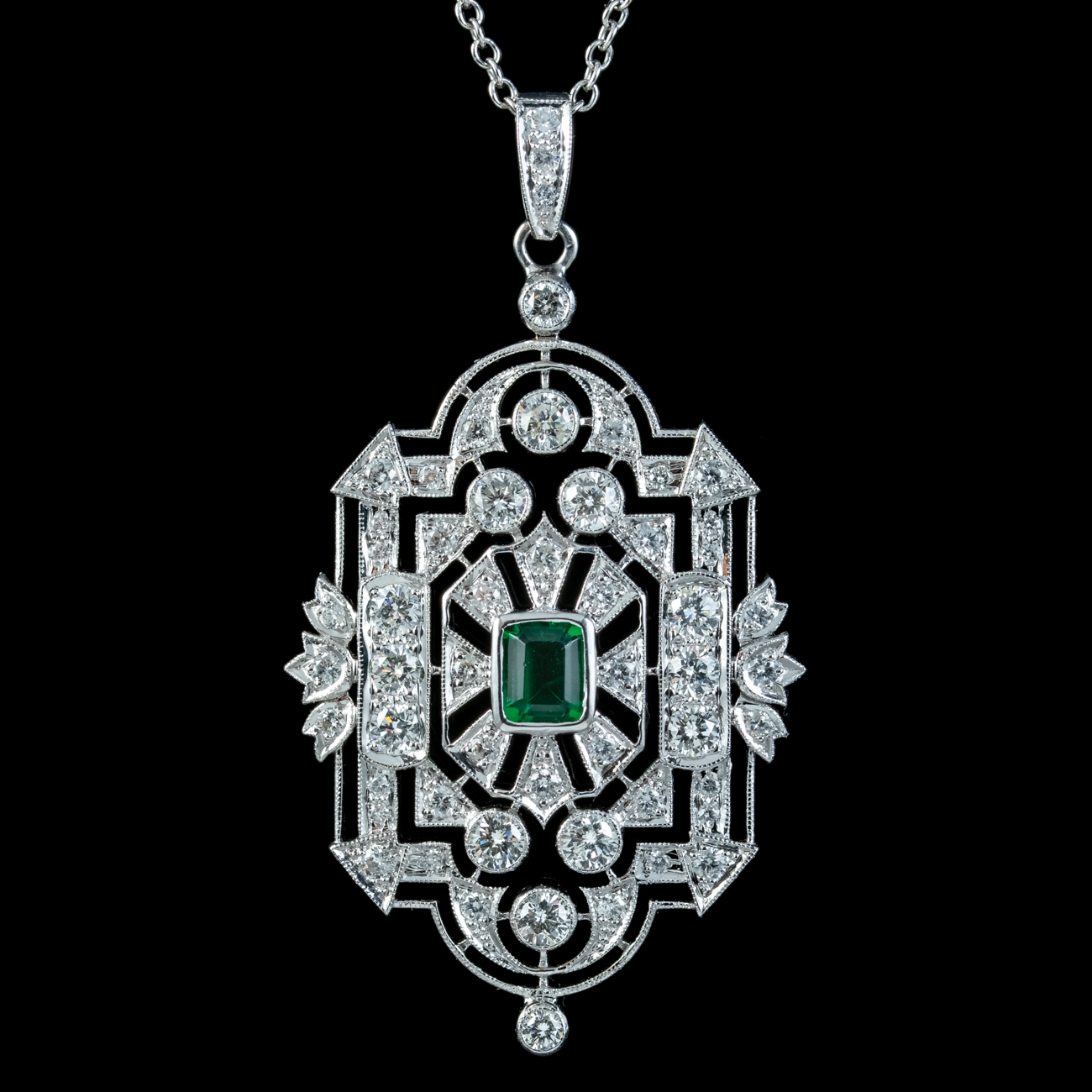 Art Deco Style Emerald Diamond Pendant Necklace 18ct Gold 4ct Of Diamond