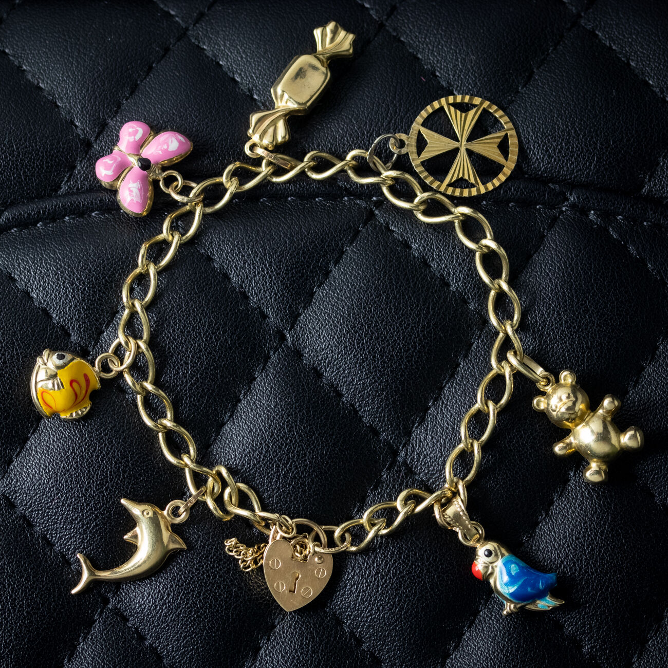 Vintage Enamel Charm Bracelet 9ct Gold With Heart Padlock