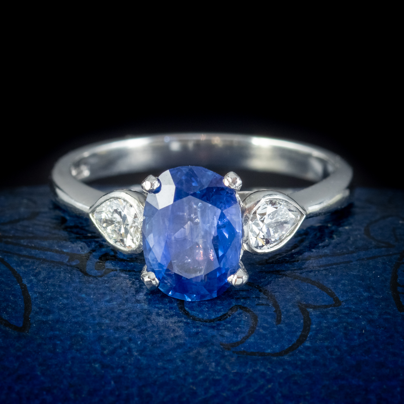 Edwardian Style Sapphire Diamond Trilogy Ring Platinum 1.80ct Sapphire