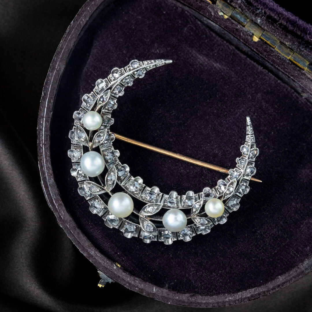 Antique Victorian French Pearl Diamond Crescent Moon Brooch