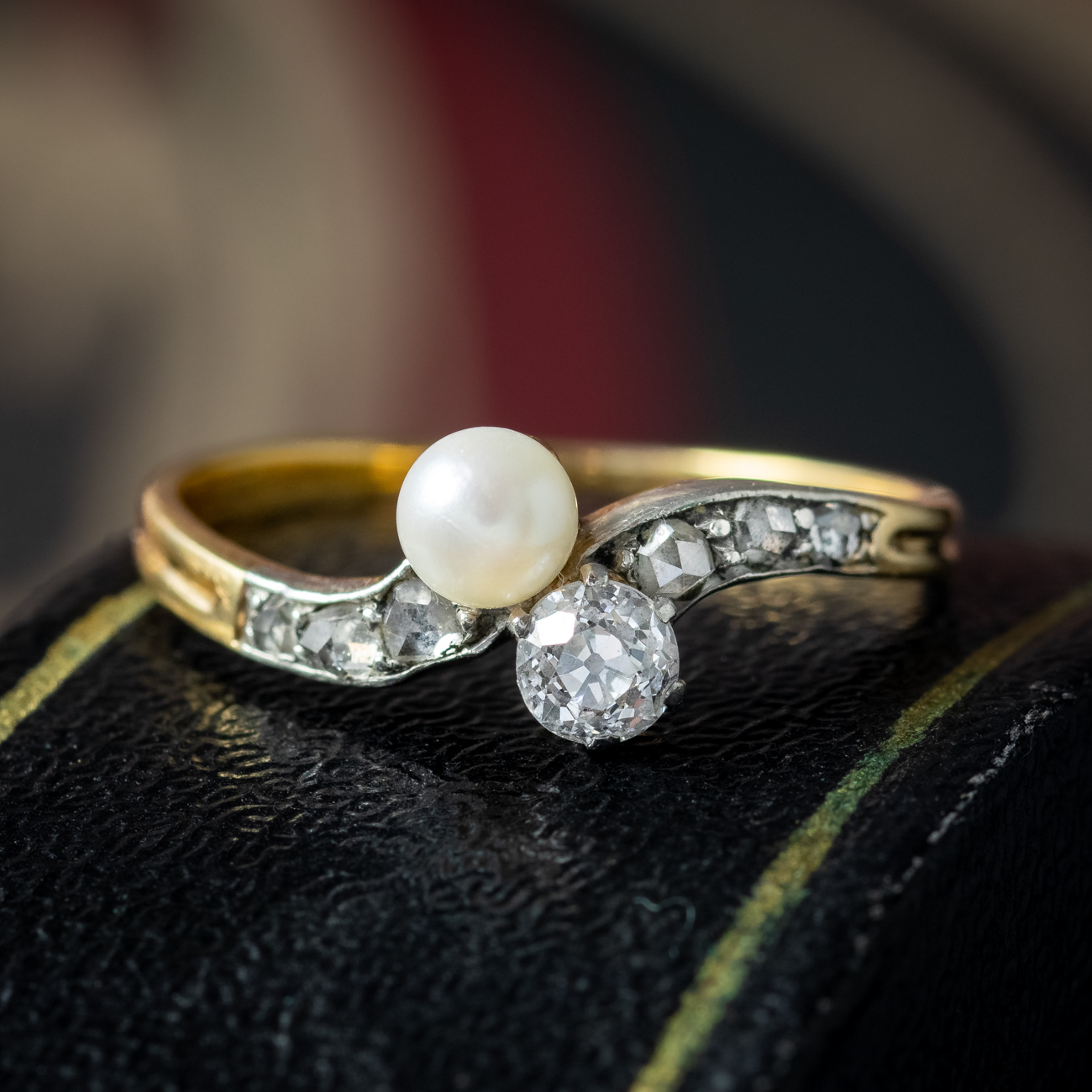 Antique Edwardian Diamond Pearl Toi Et Moi Twist Ring