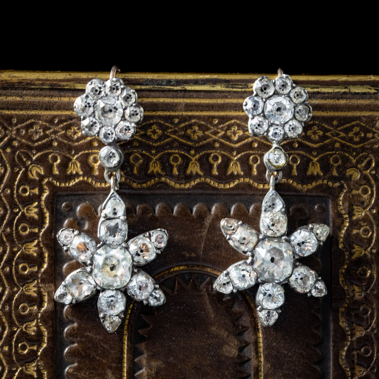 Antique Georgian Paste Stone Flower Earrings Silver Circa 1800