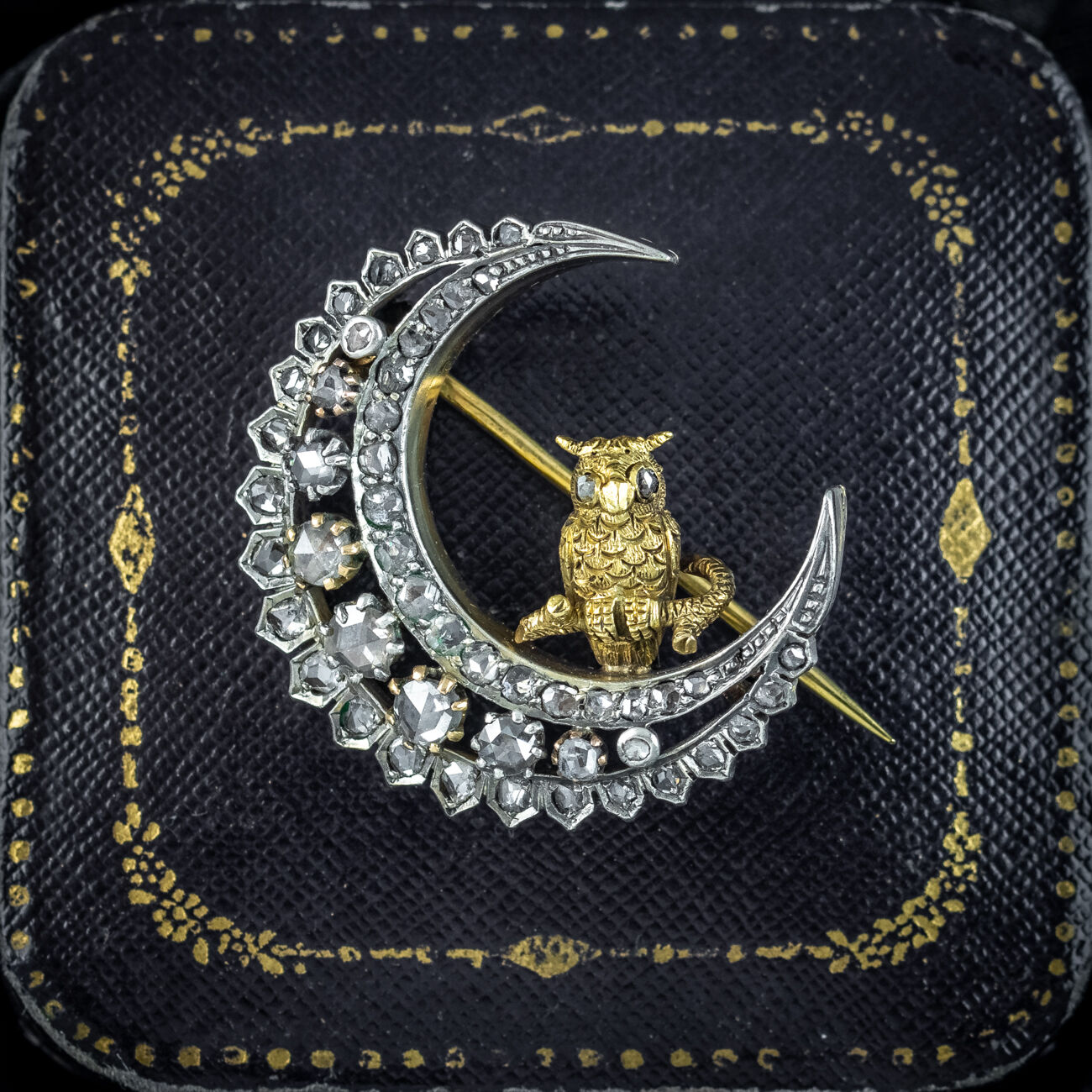 Antique Victorian Diamond Crescent Moon Owl Brooch Silver 18ct Gold