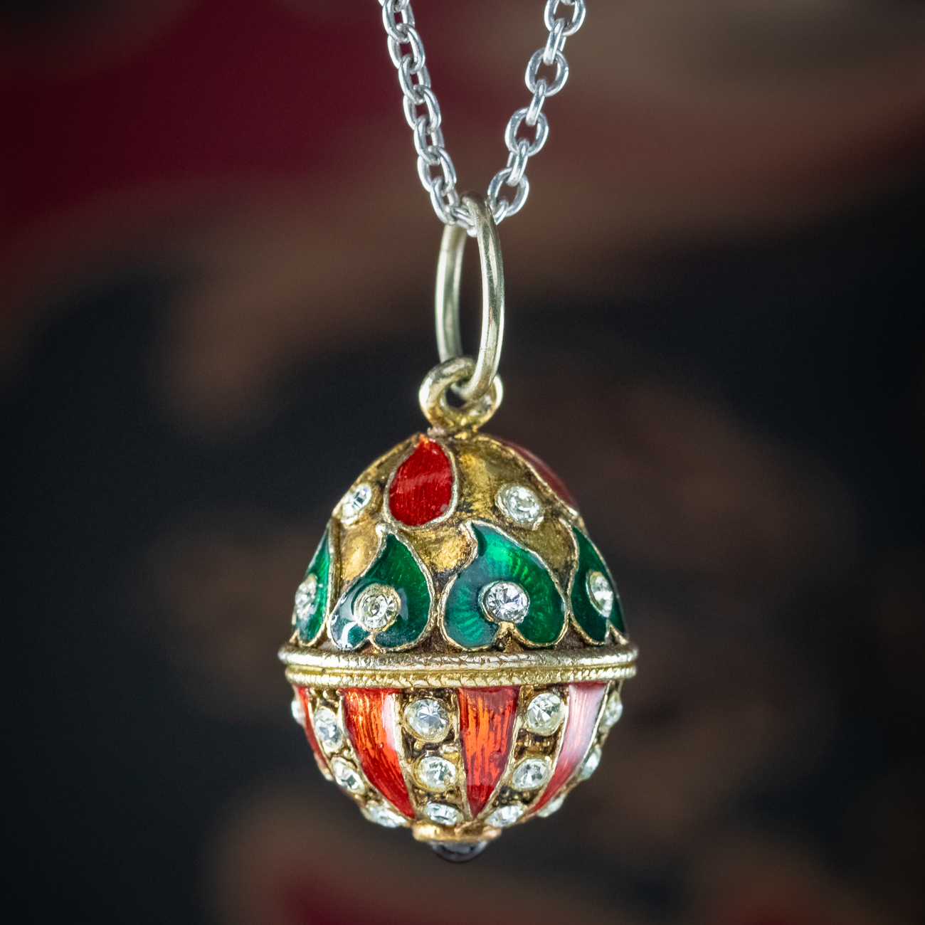 Vintage Garnet Paste Enamel Egg Pendant And Silver Chain