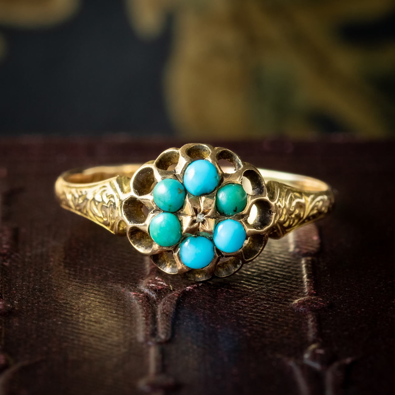 Antique Victorian Turquoise Diamond Cluster Ring 15Ct Gold Dated 1870