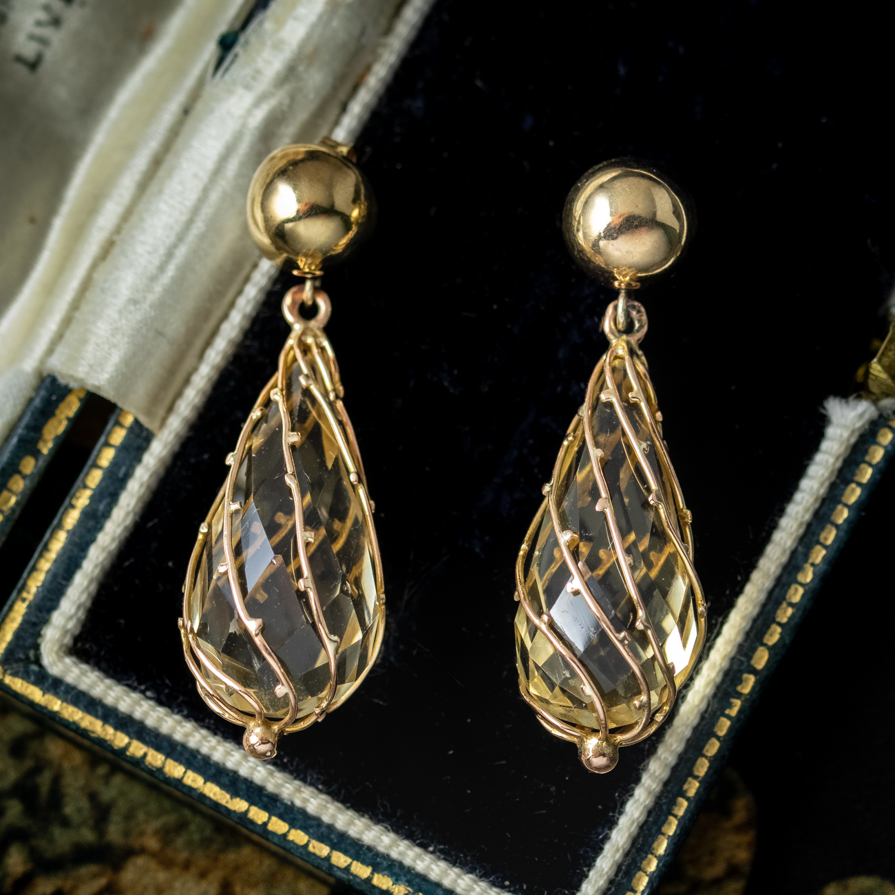 Vintage Briolette Citrine Drop Earrings 9ct Gold