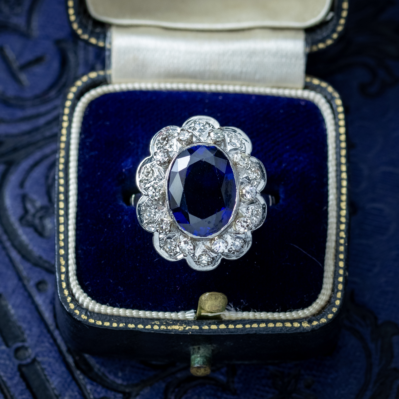 Antique Edwardian Blue Sapphire Diamond Cluster Ring 4.2ct Synthetic Sapphire