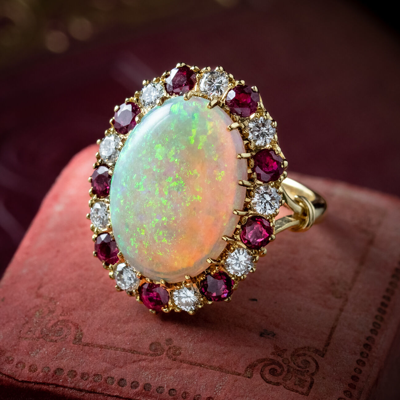 Vintage Opal Ruby Diamond Cocktail Ring 8ct Opal With Box