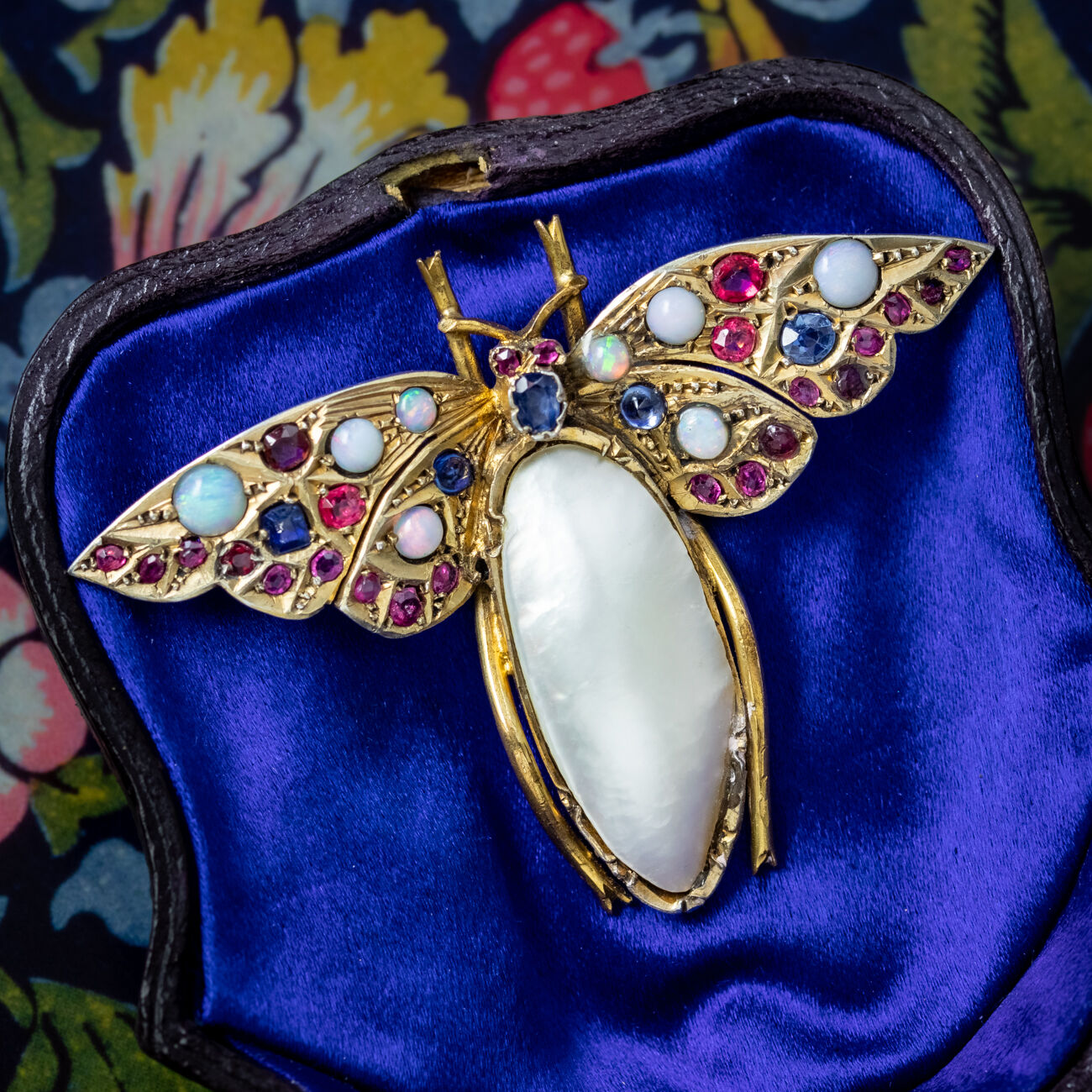 Antique Victorian Butterfly Brooch Mabe Pearl Ruby Sapphire Opal