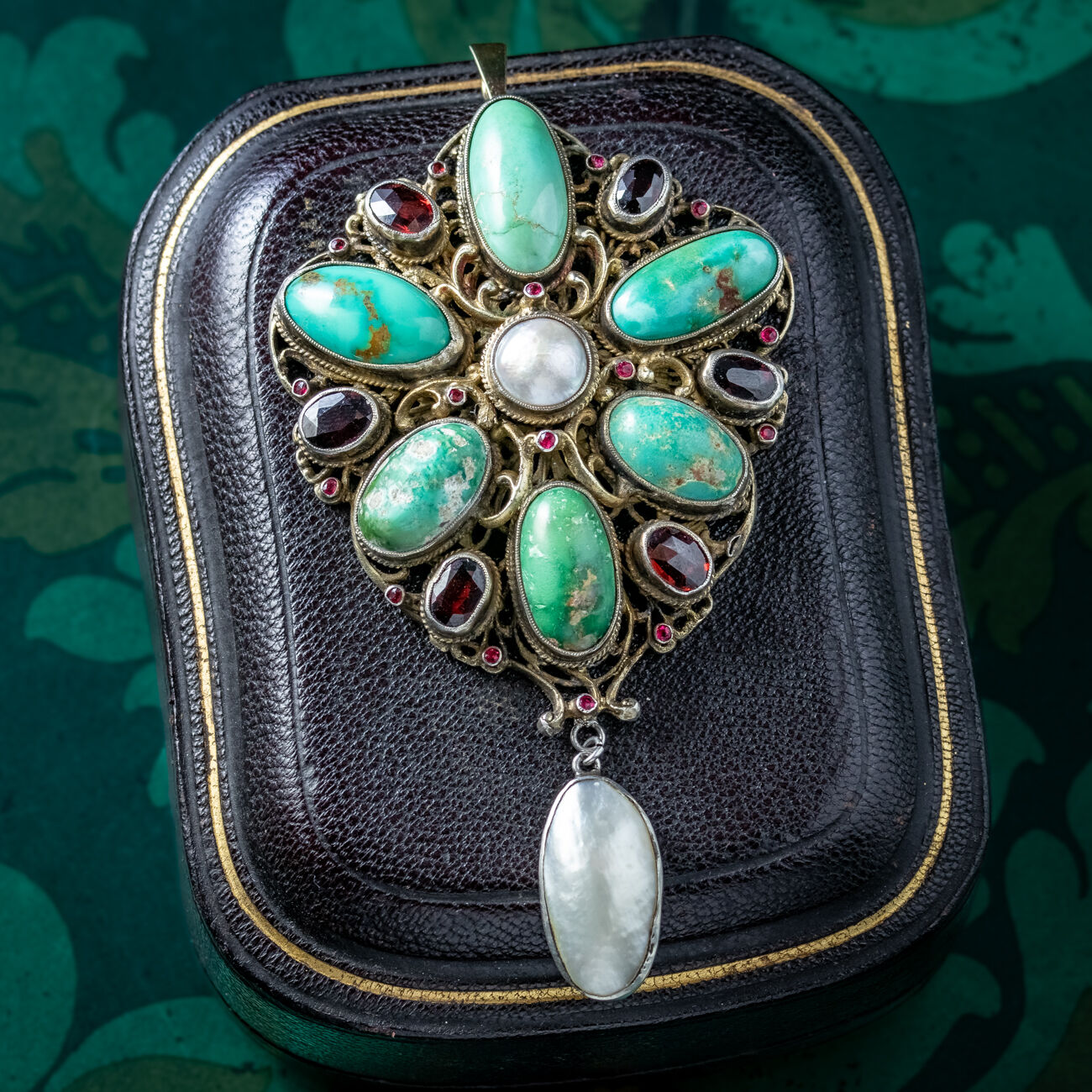 Antique Victorian Arts And Crafts Turquoise Pearl Garnet Pendant