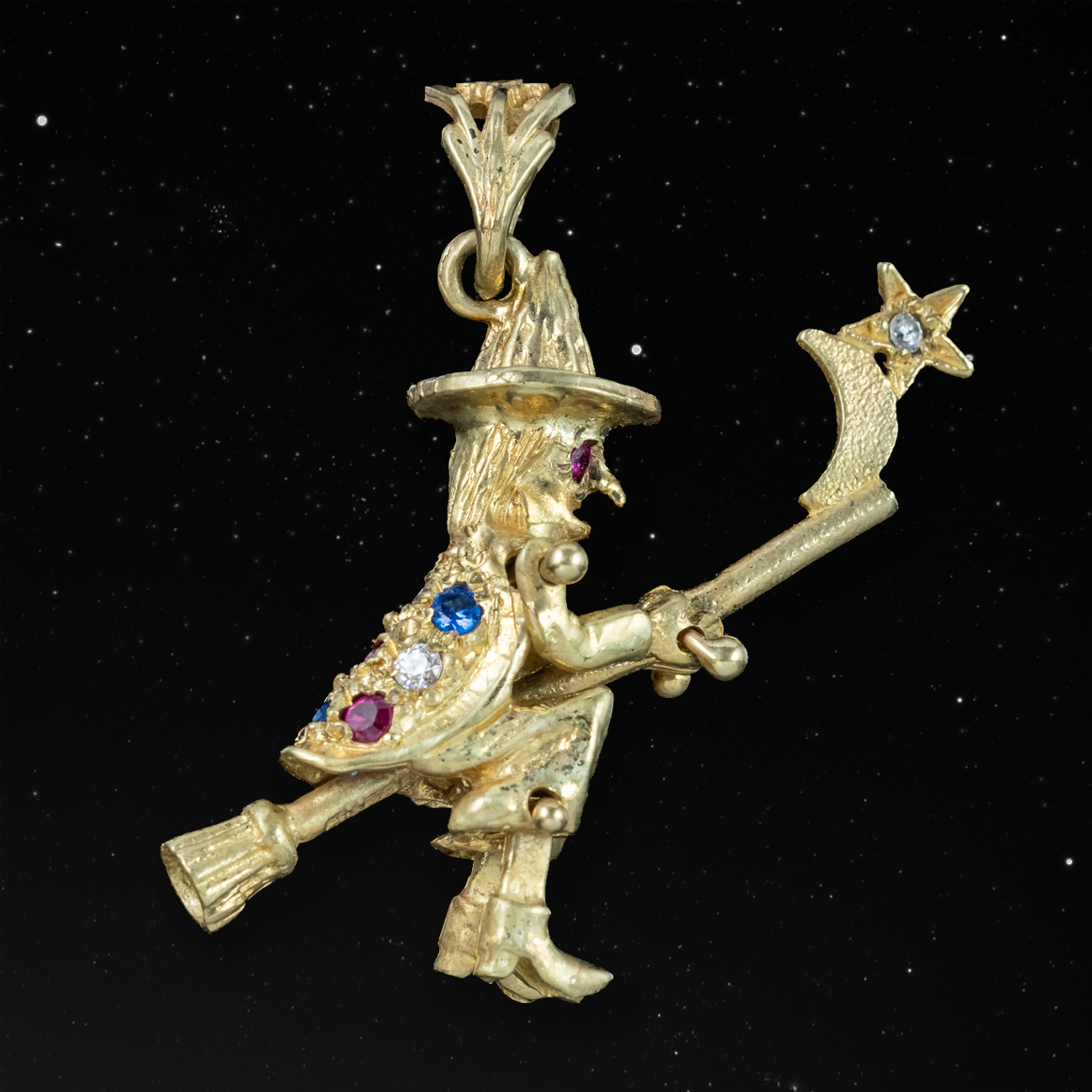 Witch On Broomstick Pendant 9ct Gold Diamond Ruby Sapphire
