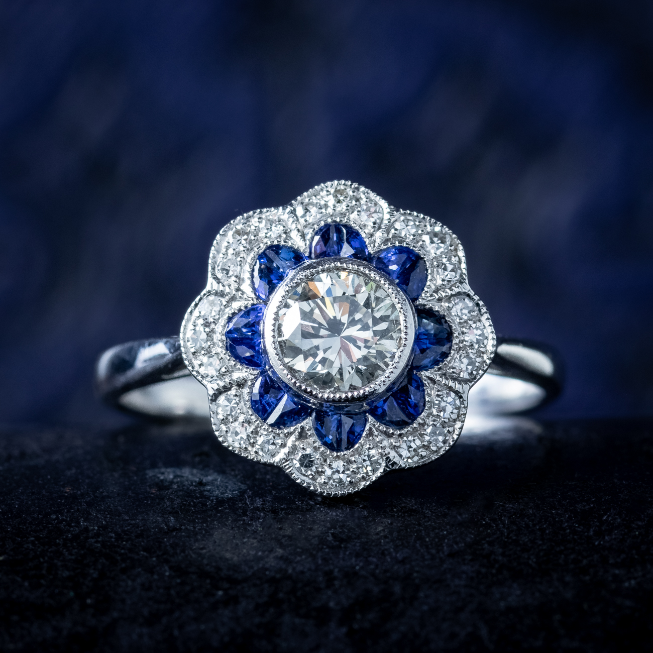 Art Deco Style Sapphire Diamond Cluster Ring 0.80ct Of Diamond