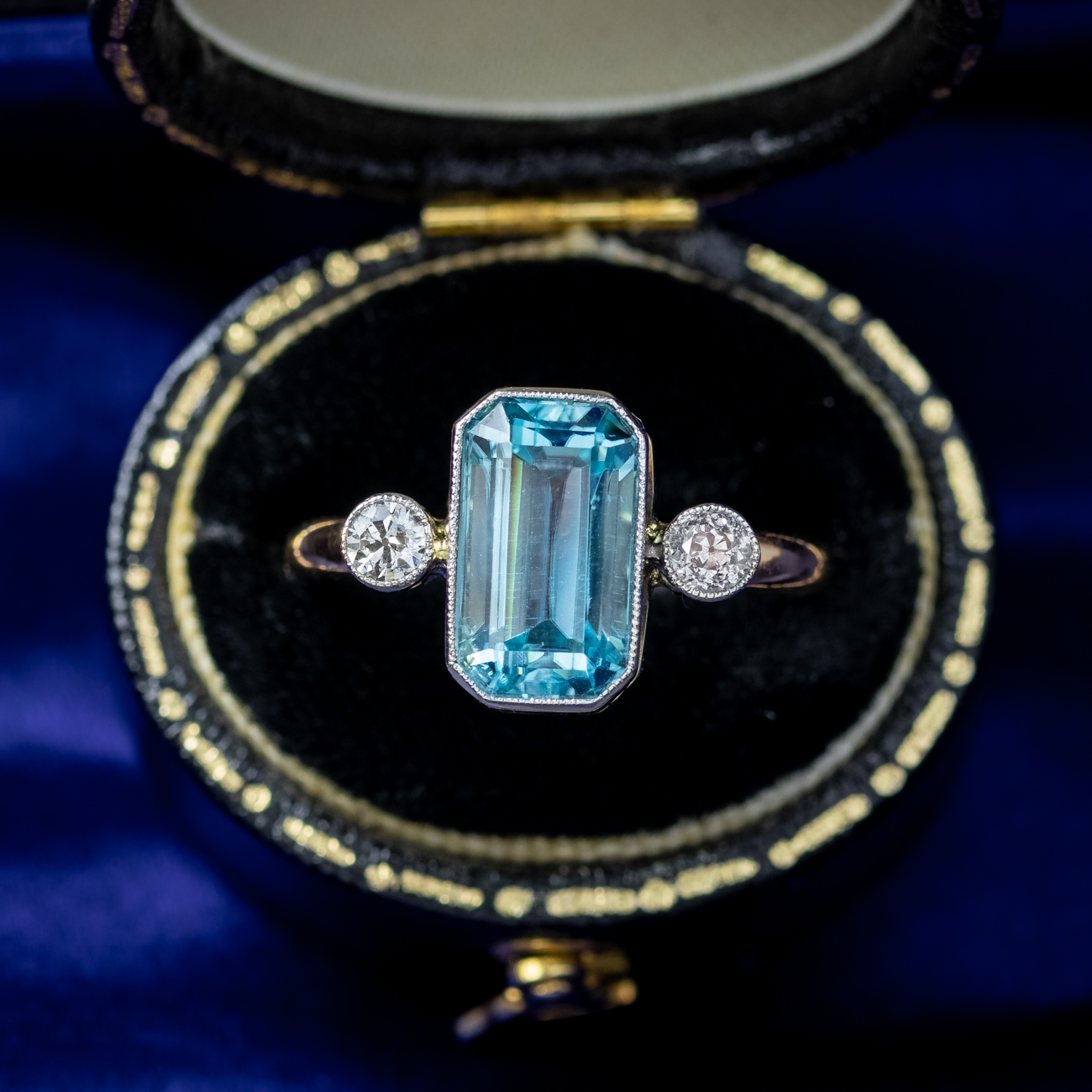 Antique Edwardian Aquamarine Diamond Trilogy Ring 3ct Aqua