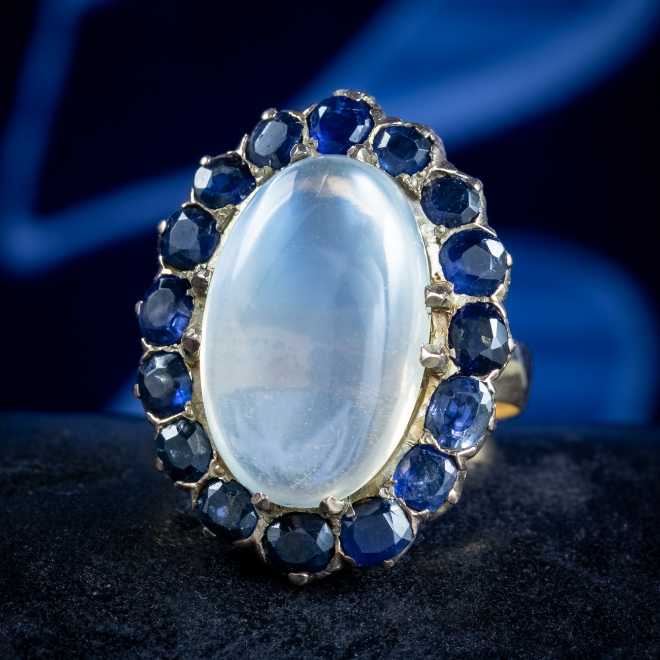 Antique Victorian Moonstone Sapphire Statement Ring 12ct Moonstone