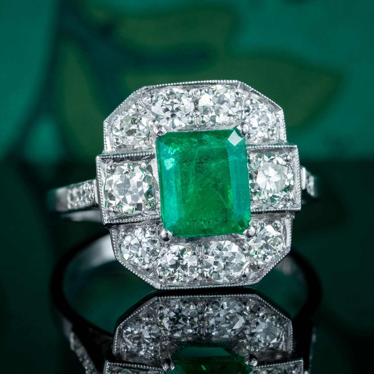 Art Deco Style Emerald Diamond Ring Platinum 1.80Ct Emerald 1.40Ct Diamond