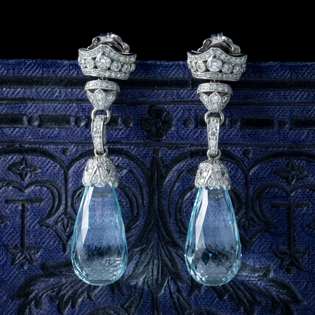 Art Deco Style Aquamarine Diamond Drop Earrings 18Ct Gold 25ct of Aqua